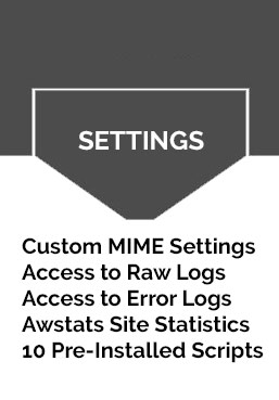 Website settings graphic listing custom MIME settings, raw logs, error logs, Awstats, and pre-installed scripts