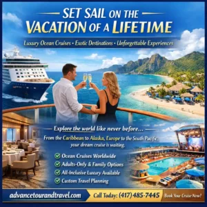 Luxury cruise travel ad with a couple on a ship deck overlooking a tropical beach