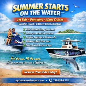 Summer watersports ad featuring a jet ski, pontoon boat, and dolphin by an island beach
