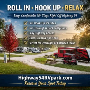 Promotional graphic for Highway 54 RV Park showing RV sites and amenities